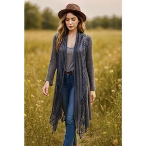 This & That Women’s Boho Sheer Gray Lace Open Duster Cardigan Fairy Goth Sz XXL